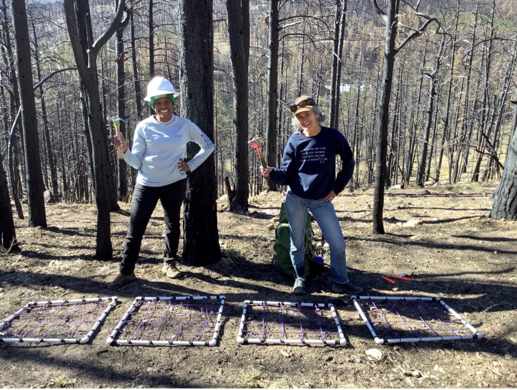 TNC staff Teresa Chapman and Carleisha Hanns, two women, stand in a forest.
