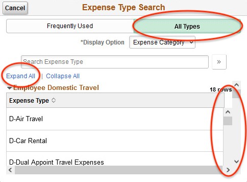 Expense Type Search